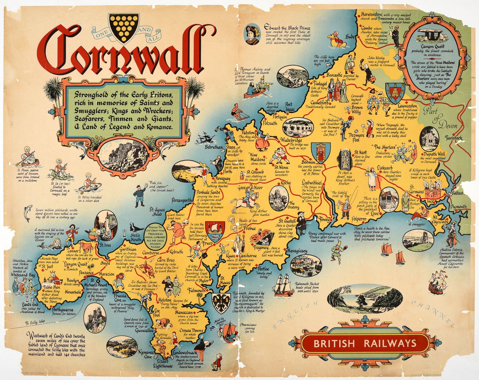 Travel Poster Cornwall British Railways Pictorial Map: Original vintage British Railways poster for Cornwall in South West England featuring a fun and colourful pictorial map depicting historical myths, legends and events, notable people including the fir