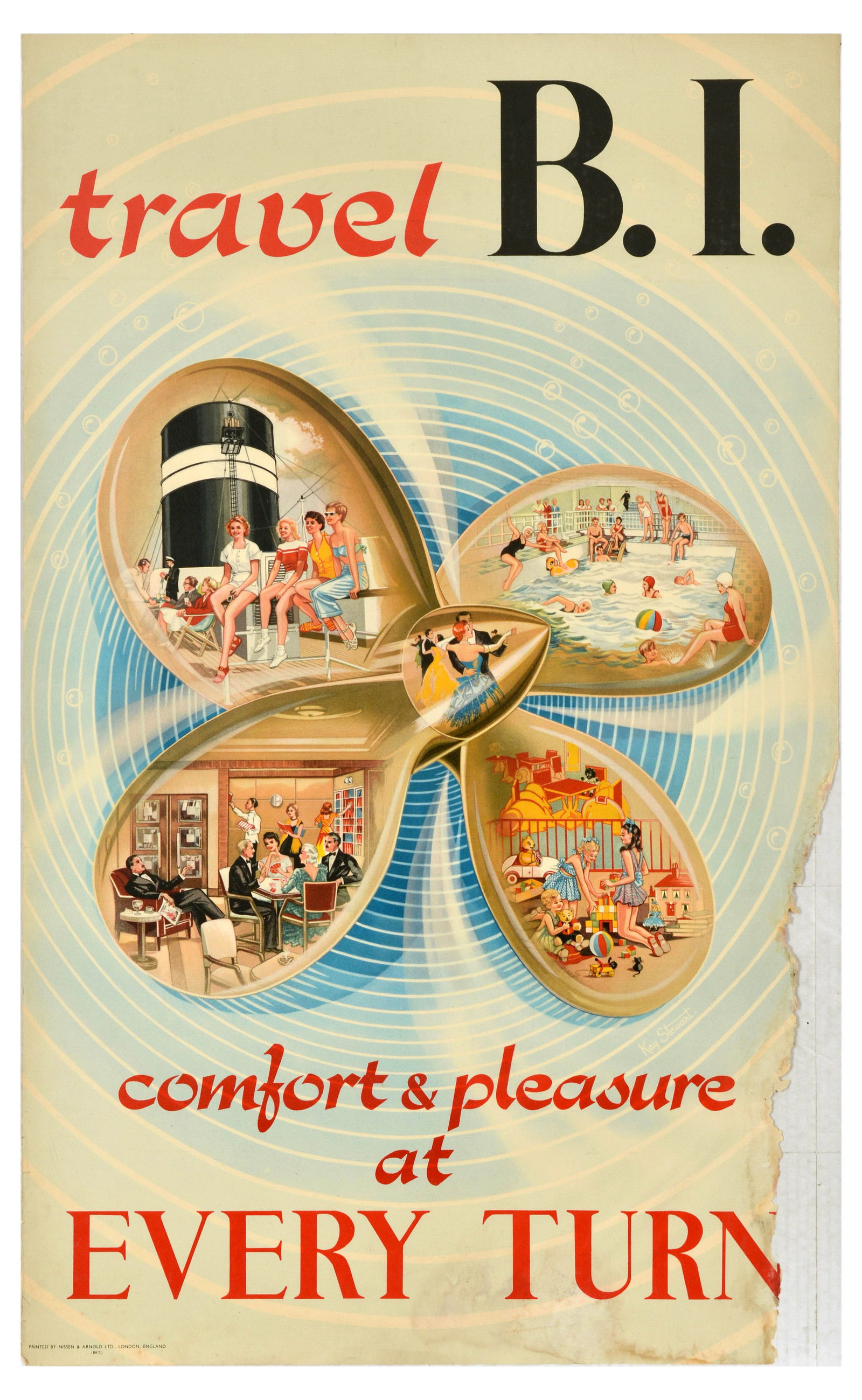 Travel Poster British India Steam Navigation Company Cruise: Original vintage travel advertising poster for British India Steam Navigation Company - travel B.I. comfort & pleasure at every turn - featuring an illustration of the cruise ship propeller with illus