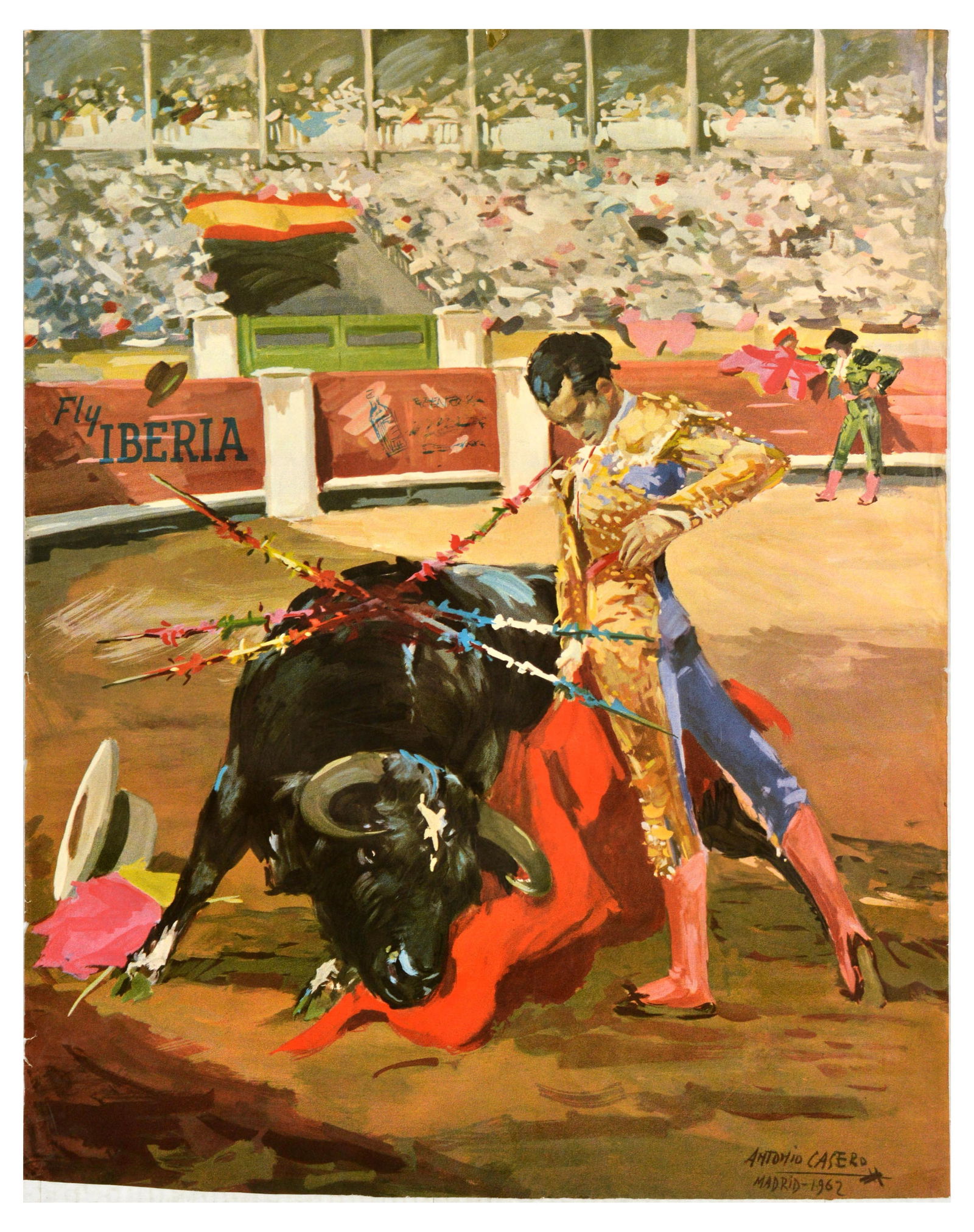 Travel Poster Fly Iberia Spain Bullfighting Antonio Casero: Original vintage travel poster Fly Iberia featuring an illustration of bullfighting, with a matador in colourful clothing, and a bull raging into the muleta red cloth with blurred illustration of spec