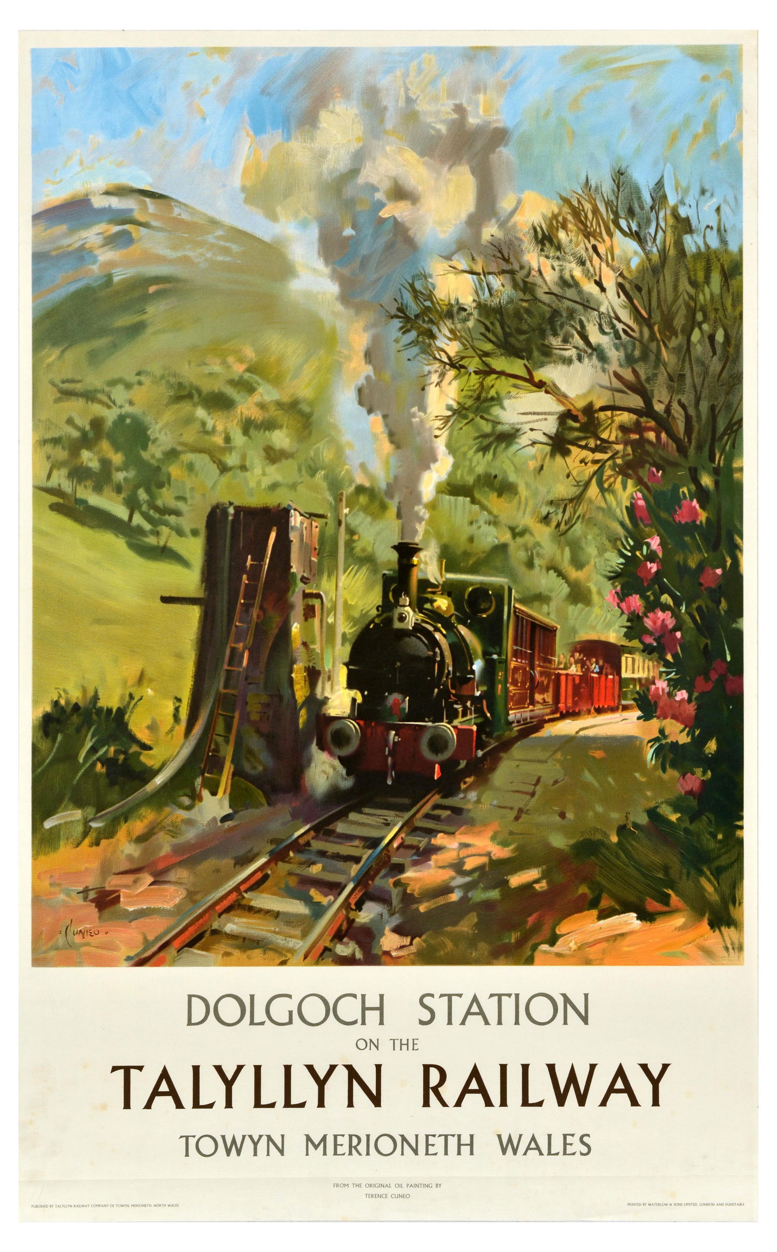 Travel Poster Dolgoch Station Talyllyn Railway Wales: Original vintage travel poster Dolgoch Station on the Talyllyn Railway Towyn Merioneth Wales featuring an image from the original oil painting by the notable British artist Terence Tenison Cuneo (1907
