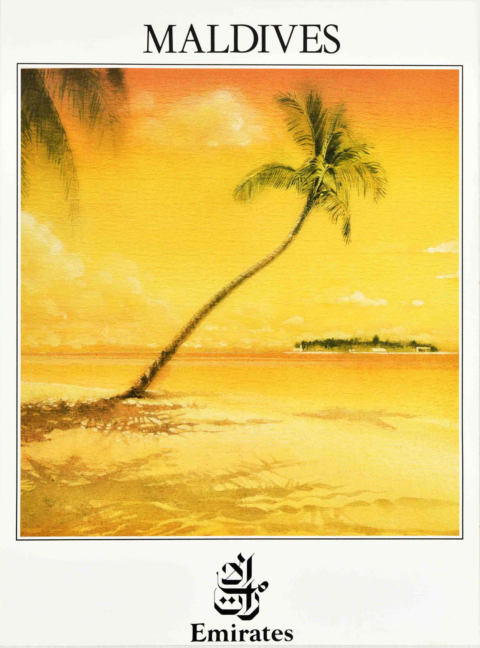 Travel Poster Maldives Emirates Airlines Beach Palm Ocean: Original vintage travel poster by Emirates airline for Maldives, featuring an illustration of a palm tree on the beach by the ocean with an island in the distance. Emirates airline is one of the flag