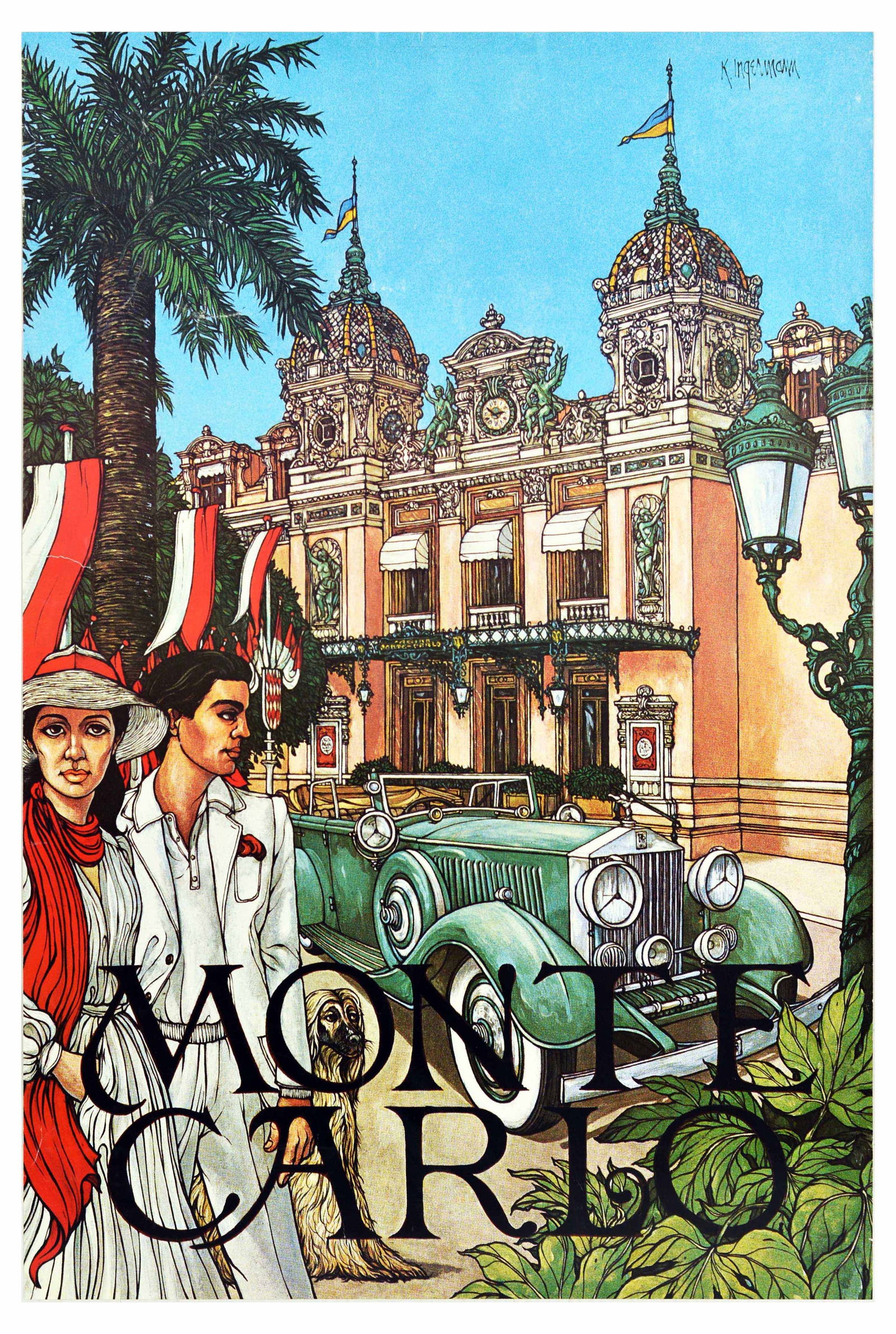 Travel Poster Monte Carlo Rolls Royce Monaco Casino Ingermann: Original vintage travel poster for Monte Carlo featuring an illustration of an elegantly dressed young couple, lady in a long flowing white dress, hat, and red scarf around her neck, and a gentleman i