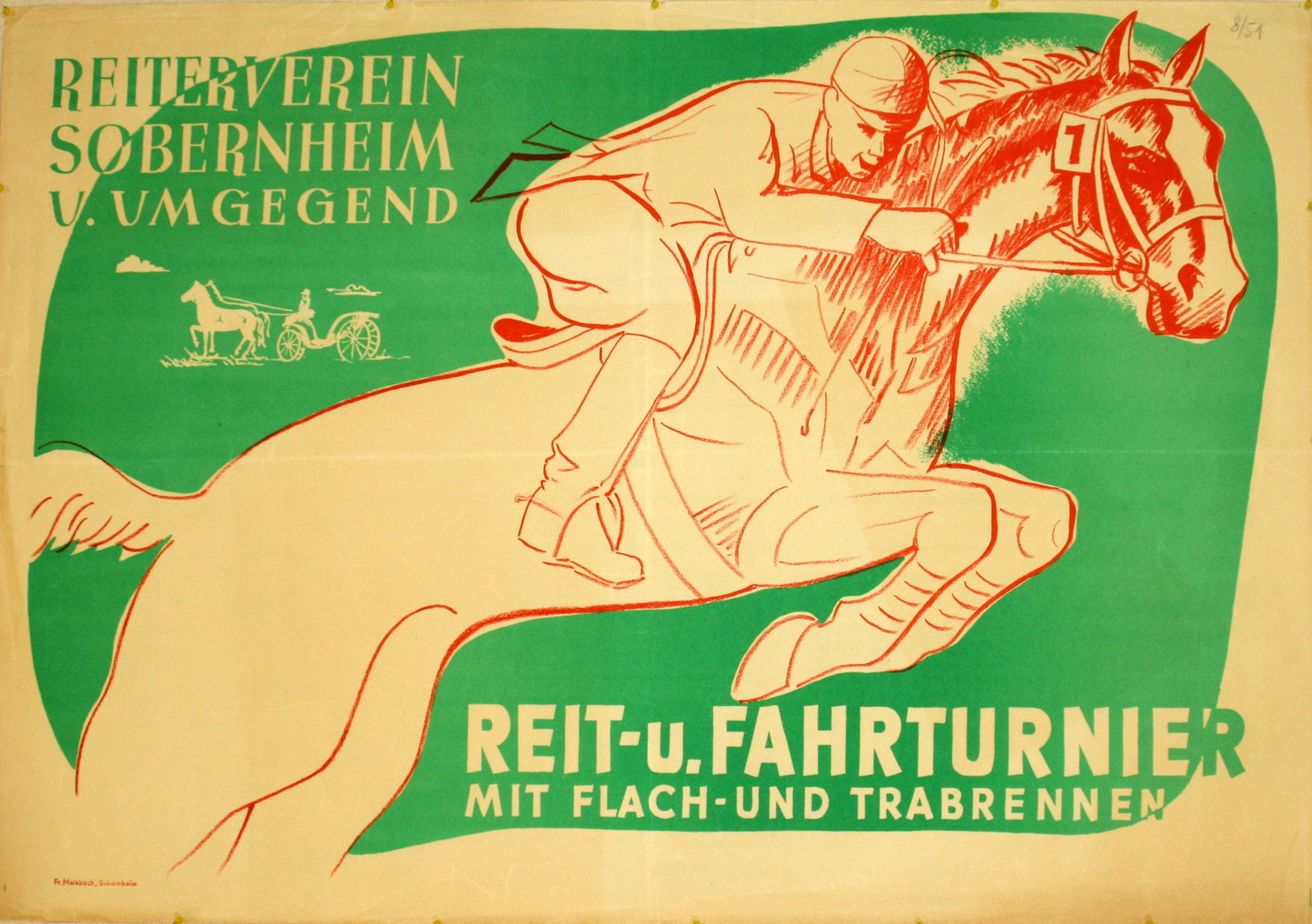 Sport Poster Horse Competition Sobernheim Riding Club: Original vintage poster for an equestrian competition at Sobernheim Riding Club - Design features a red illustration of a horse rider on a green background with a horse and cart in the distance. Horiz