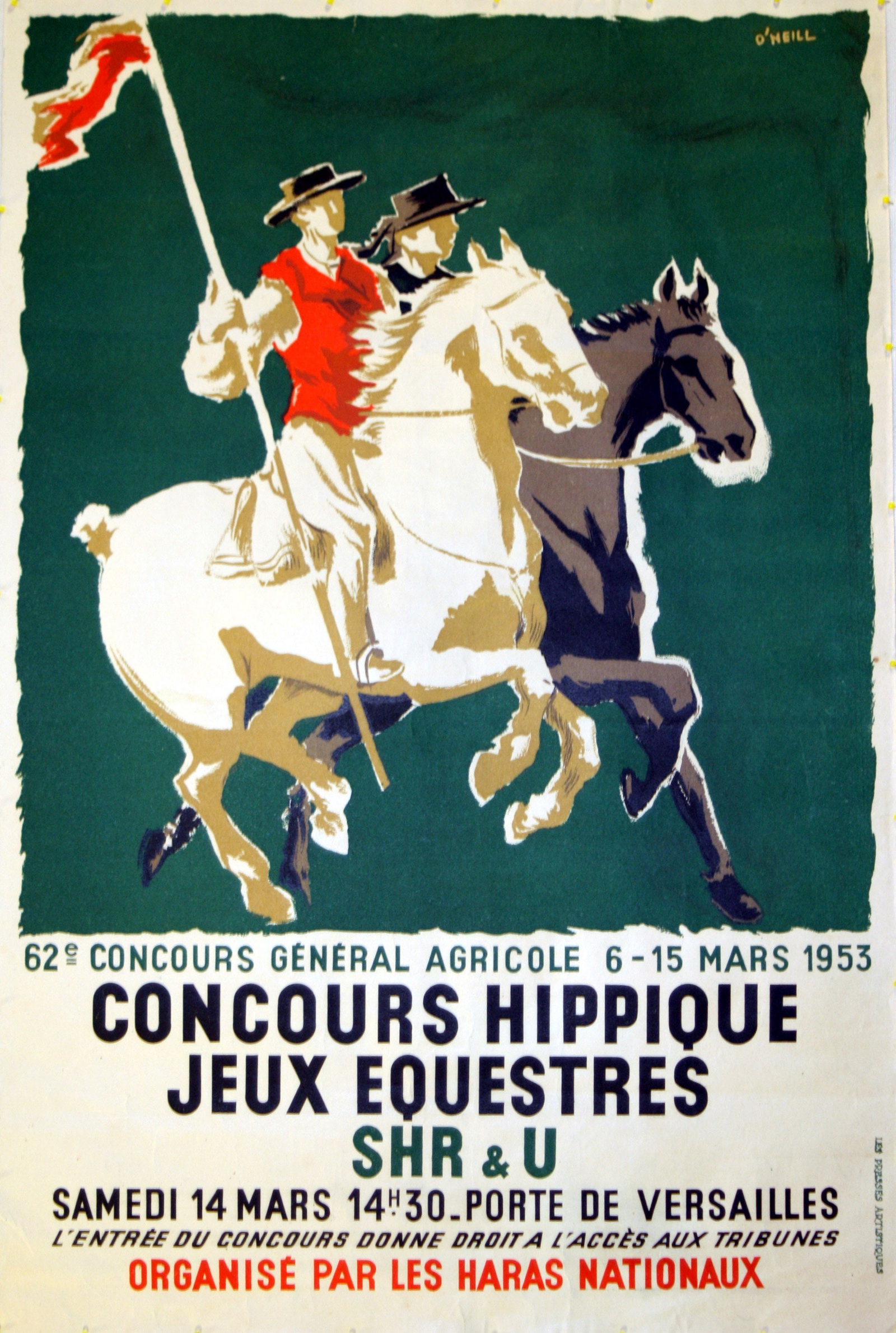 Sport Poster Equestrian Competition: Original vintage advertising poster for a Horce Racing equestrian competition / Concours hippique jeux equestres - that took place in Port de Versailles France from 6 to the 15 March 1953 - Stunning i