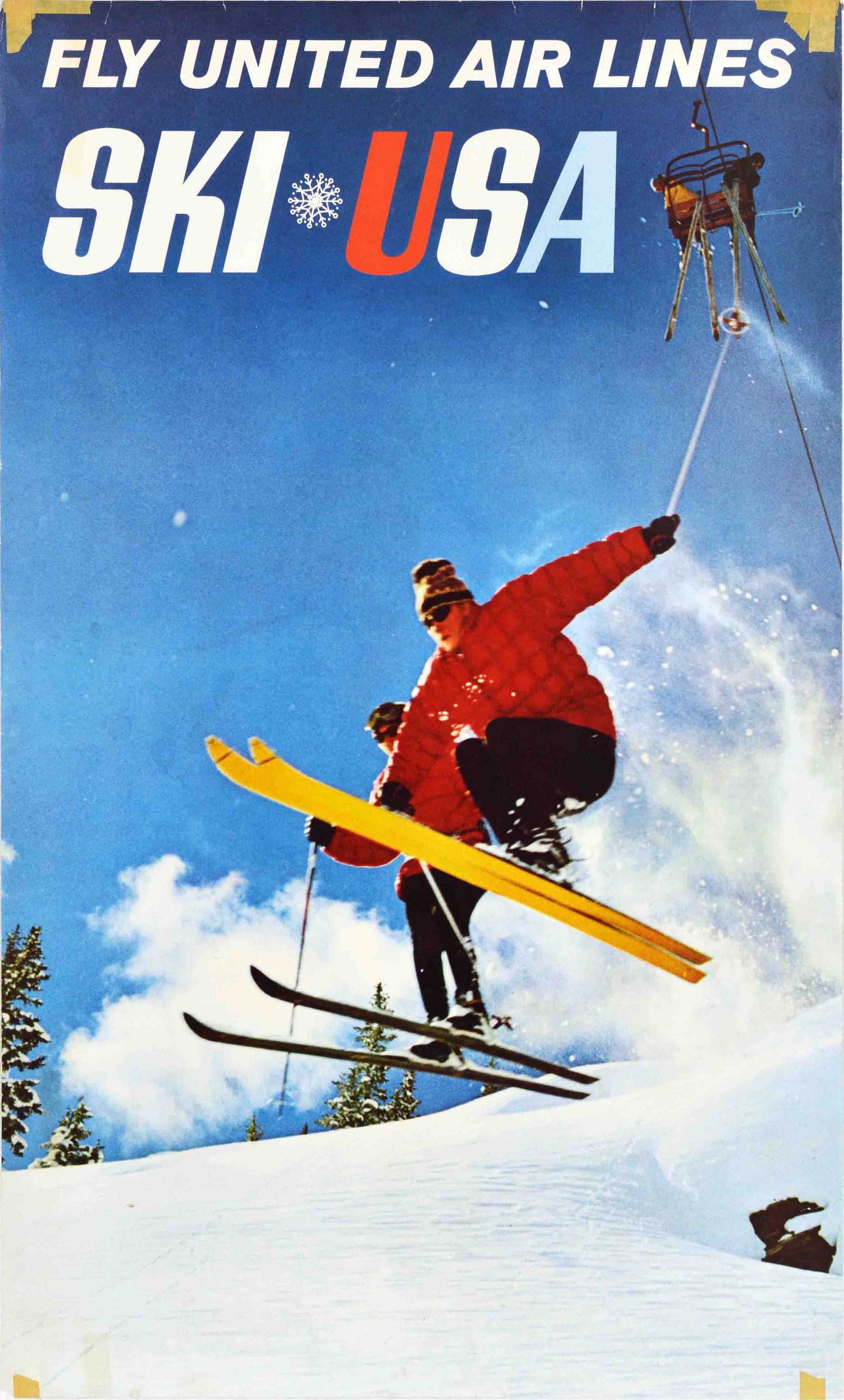 Sport Poster Ski USA Fly United Airlines Skier: Original vintage skiing poster - Fly United Air Lines Ski USA - featuring a dynamic image of two skiers in red ski jackets, hats and glasses jumping on the snow below two people watching from a chair 