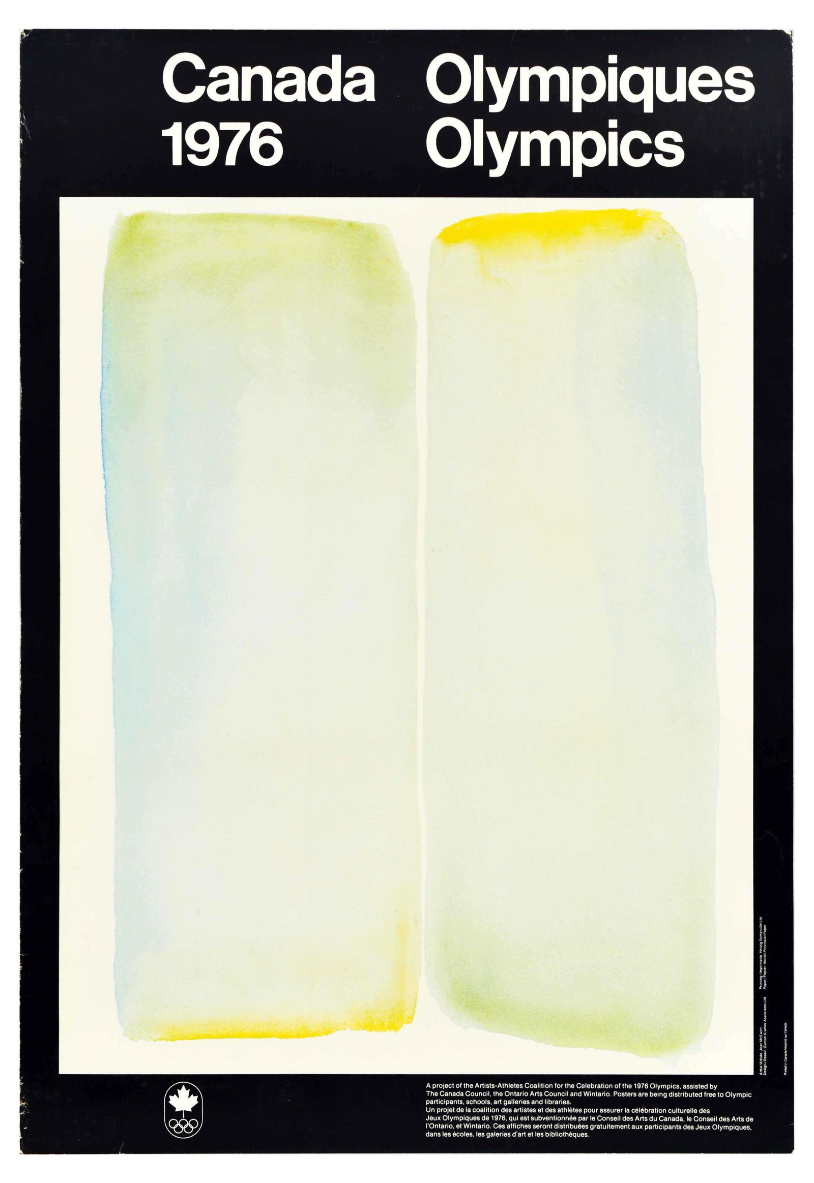 Sport Poster Montreal Canada Olympics 1976 Jean McEwen Yellow: Original vintage sport poster for Canada Olympiques 1976 Olympics featuring a great abstract design by Jean McEwen of yellow set over white and black background. The 1976 Summer Olympics or the Games