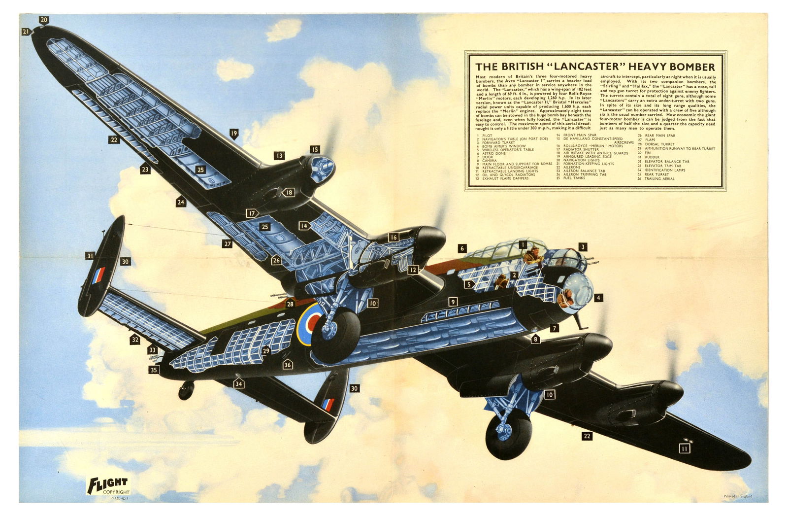 War Poster British Lancaster Heavy Bomber Aircraft WWII: Original vintage World War Two poster featuring an illustration of the British Lancaster heavy bomber, with a short description of the aircraft and detailed cross section drawing showing the parts of