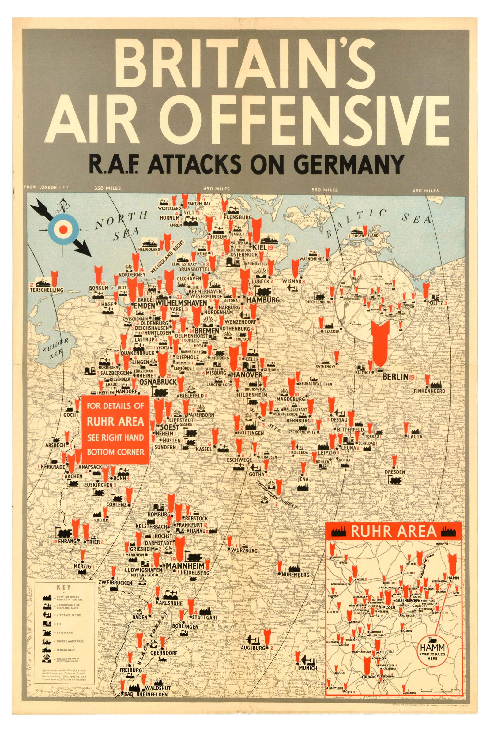War Poster Britain's Air Offensive Map WWII: Original vintage World War Two map poster - Britains Air Offensive RAF Attacks on Germany - Illustrated map of Germany features orange bombs marking where Britain attacked from the air as well as mark