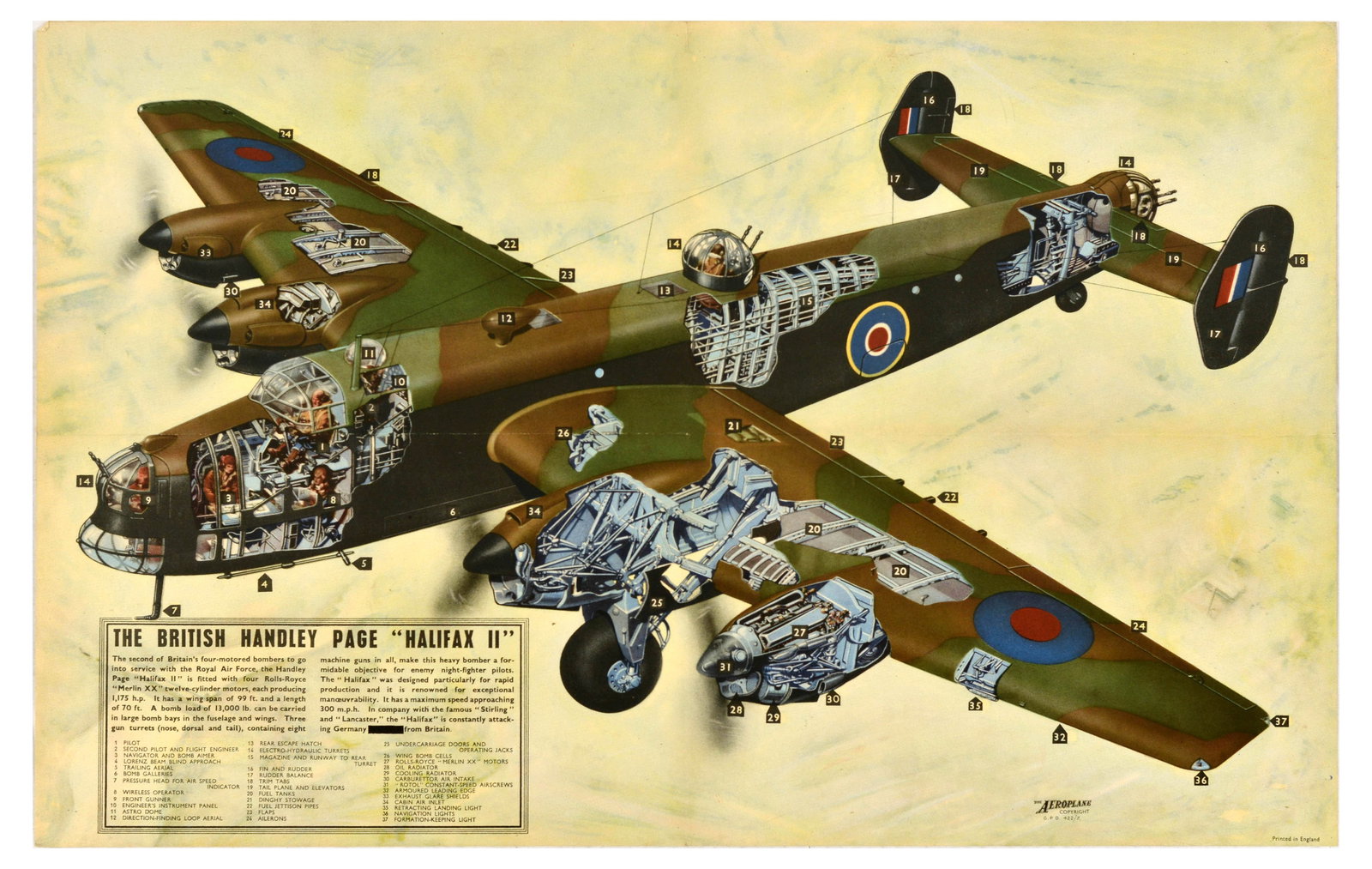 War Poster Halifax II British Handley Page Plane WWII: Original vintage World War Two poster The British Handley Page Halifax II - Design features a cross section style diagram of a pilot flying the plane through the clouds. The illustration is numbered w