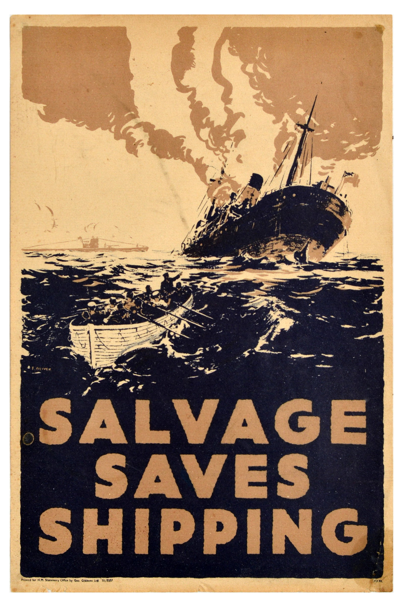 War Poster Salvage Saves Shipping WWII Navy Recycling: Original vintage World War Two poster - Salvage saves shipping - featuring a group of soldiers in a rowing boat, a submarine and a sinking ship with smoke billowing above. Printed for H.M. Stationery 