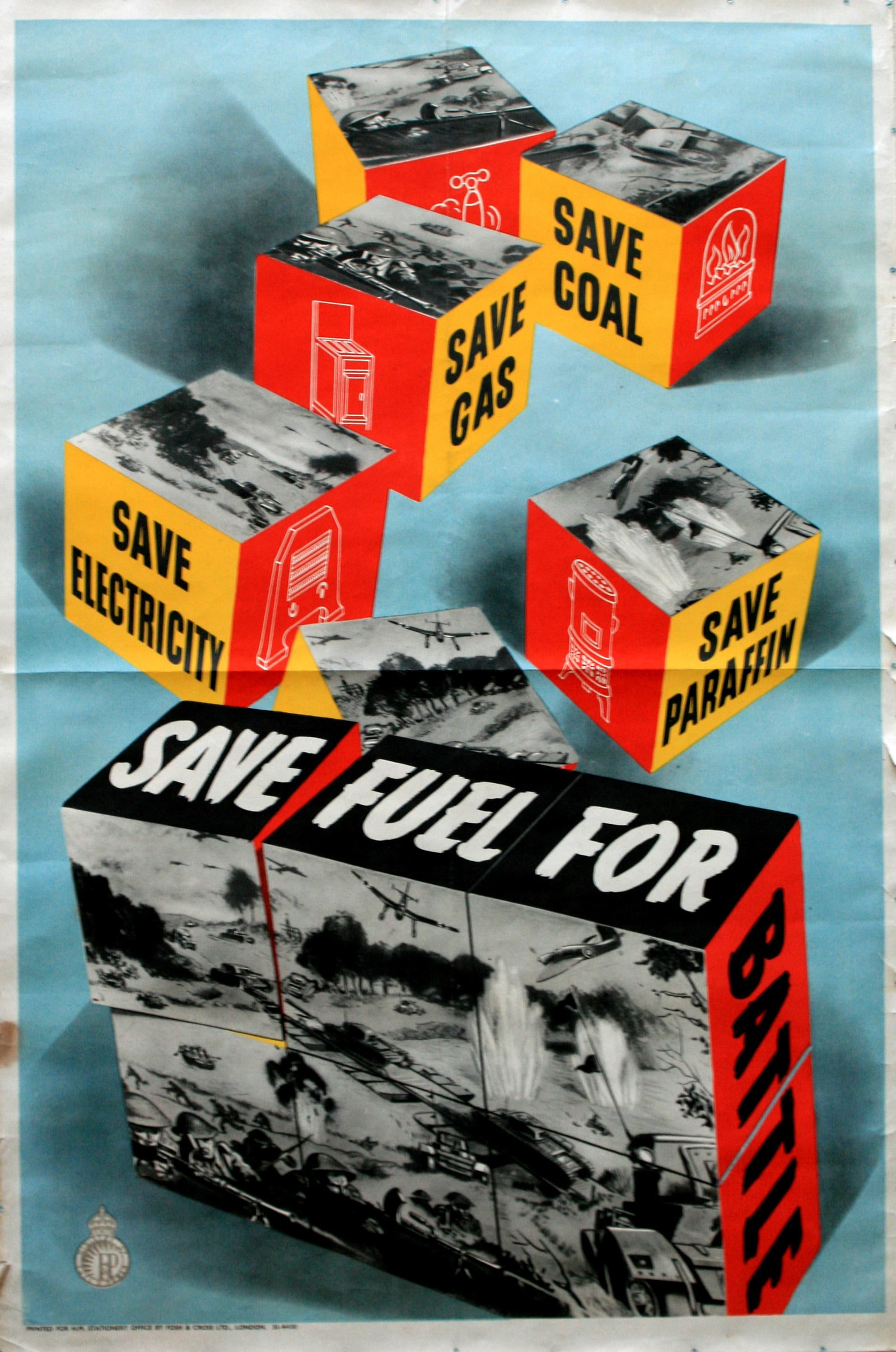 War Poster Save Fuel for Battle WWII Home Front UK: Original vintage propaganda poster promoting saving necessities - Save Fuel for Battle - Save electricity, save gas, save coal, save paraffin - Great image of all the items depicted as building blocks