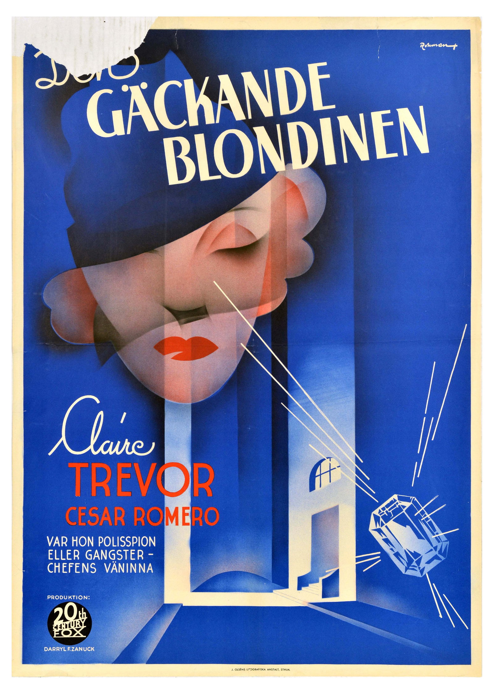 Movie Poster 15 Maiden Lane Den Gackande Blondinen: Original vintage movie poster for Den Gackande Blondinen / 15 Maiden Lane directed by Allan Dwan, starring Claire Trevor and Cesar Romero, the poster features an image of a shiny precious stone and a 