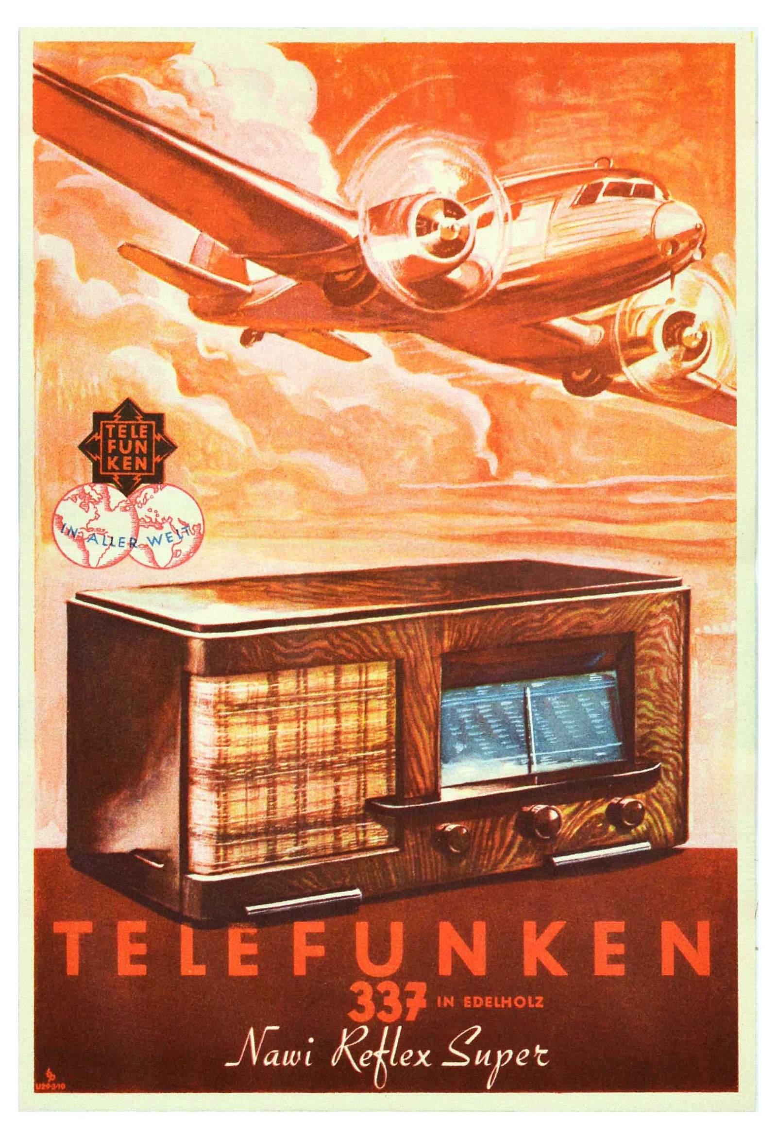 Advertising Poster Set Telefunken Radio Art Deco Stean Ship Plane: Set of 2 original vintage Art Deco style advertising poster flyers issued by the German company Telefunken. 1. Telefunken 337 in Edelholz Nawi Reflex Super radio set with an illustration of a plane fl