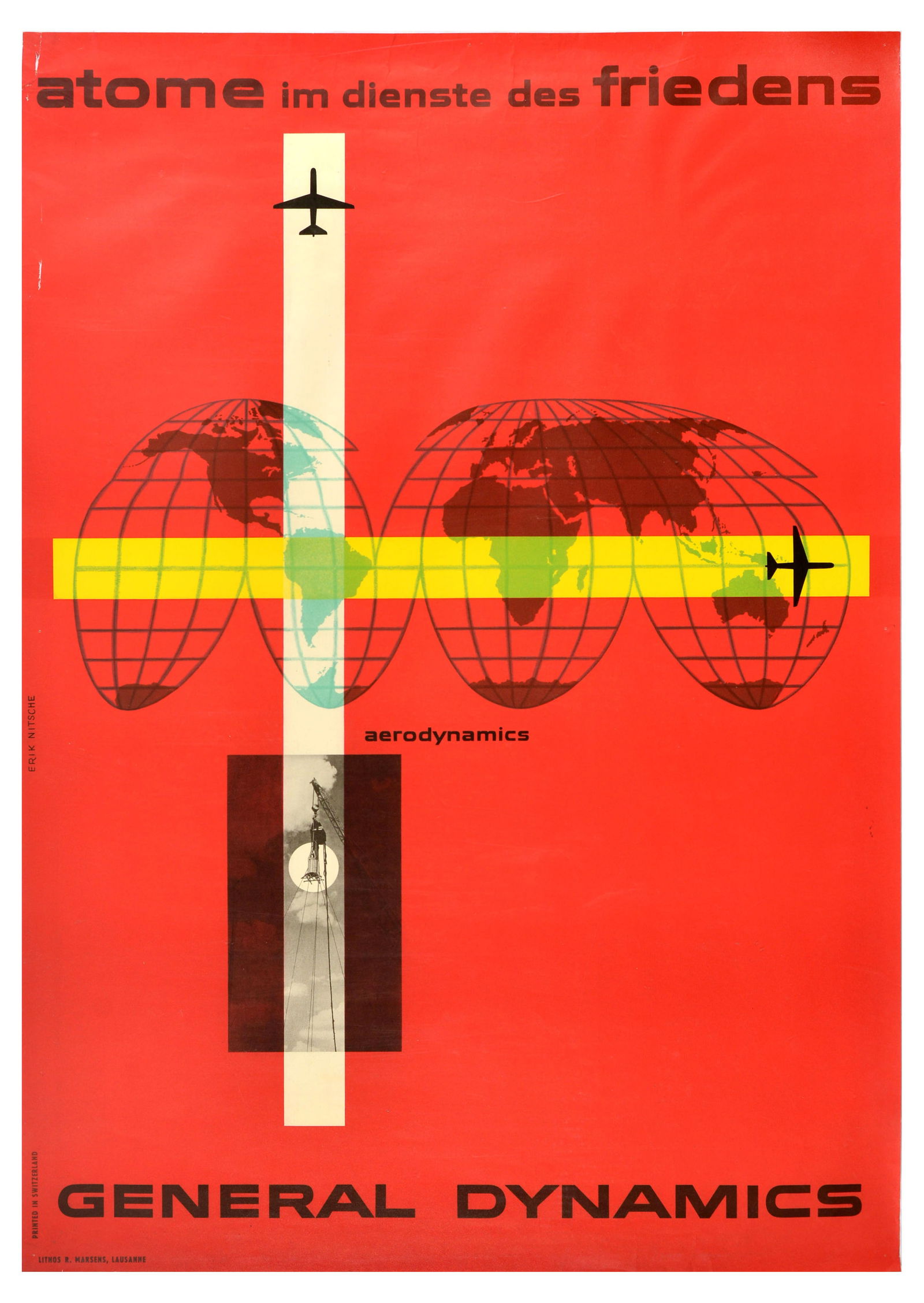 Advertising Poster General Dynamics Aerodynamics Erik Nitsche: Original vintage General Dynamics poster by the illustrator, typographer and graphic designer Erik Nitsche (1908-1998) promoting Aerodynamics. Great illustration featuring two planes flying over a glo