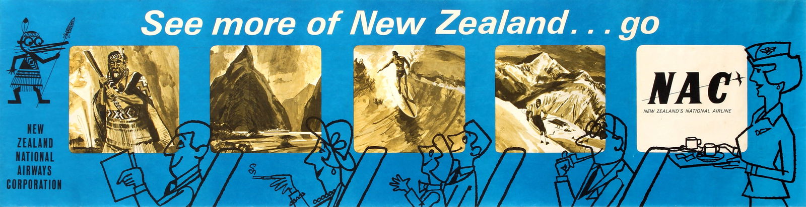 Advertising Poster NAC Airline New Zealand Airways: Original vintage travel advertising poster published by the NAC New Zealand National Airways Corporation: See more of New Zealand... Go NAC New Zealand's National Airline. Great design featuring a han