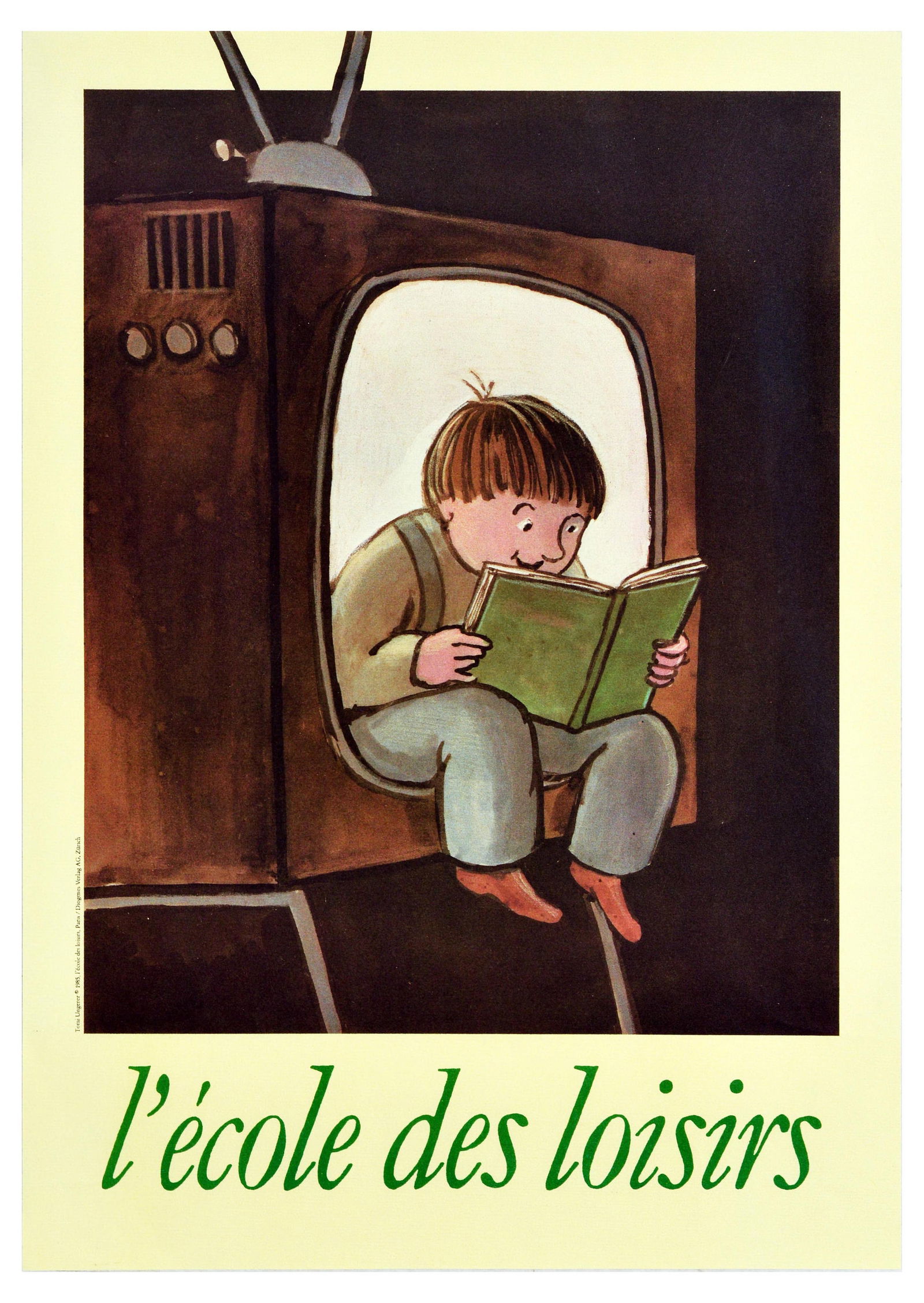 Advertising Poster L'Ecole Des Loisirs Leisure School Tomi Ungerer: Original vintage advertising poster l'Ecole des loisirs / Leisure School featuring a fun design by Tomi Ungerer (1931-2019) an Alsatian artist and writer, depicting a boy sitting in a television set r