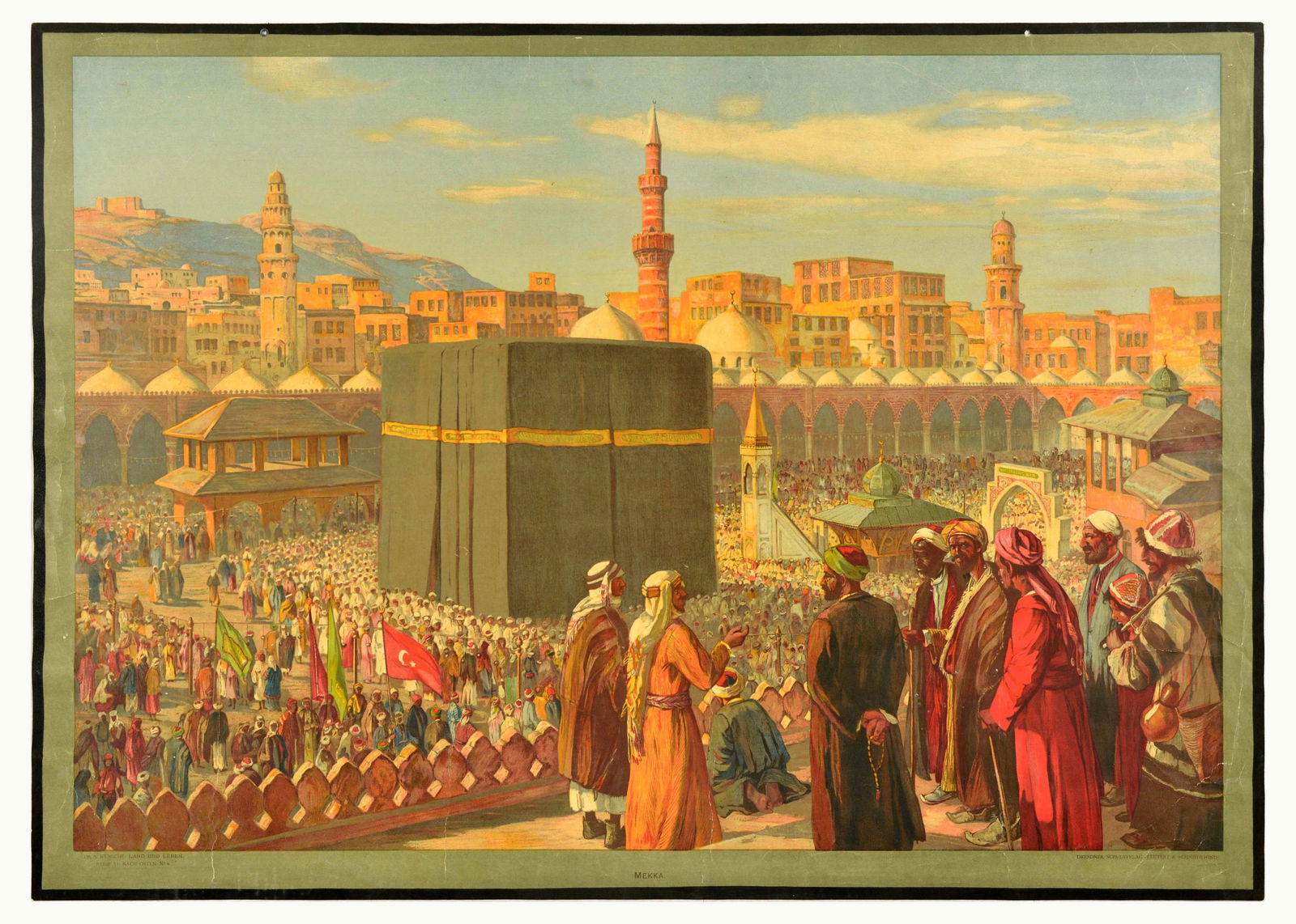 Travel Poster Mekka Mecca The Kaaba Hajj Islam Saudi Arabia: Original antique educational poster Mekka / Mecca featuring an image of people around The Kaaba in Masjid al-Haram Great Mosque of Mecca with minarets towering above and buildings in the distance. Pub