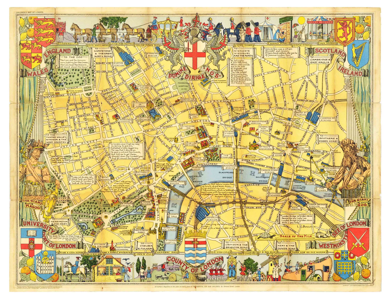 Travel Poster Childrens Map of London Pictorial: Fold-out map of London for children featuring colourful images, coat of arms, text and writing from nursery rhymes, Rudyard Kipling, The River's Tale. Copyright John Bartholomew & Son. Fair condition,