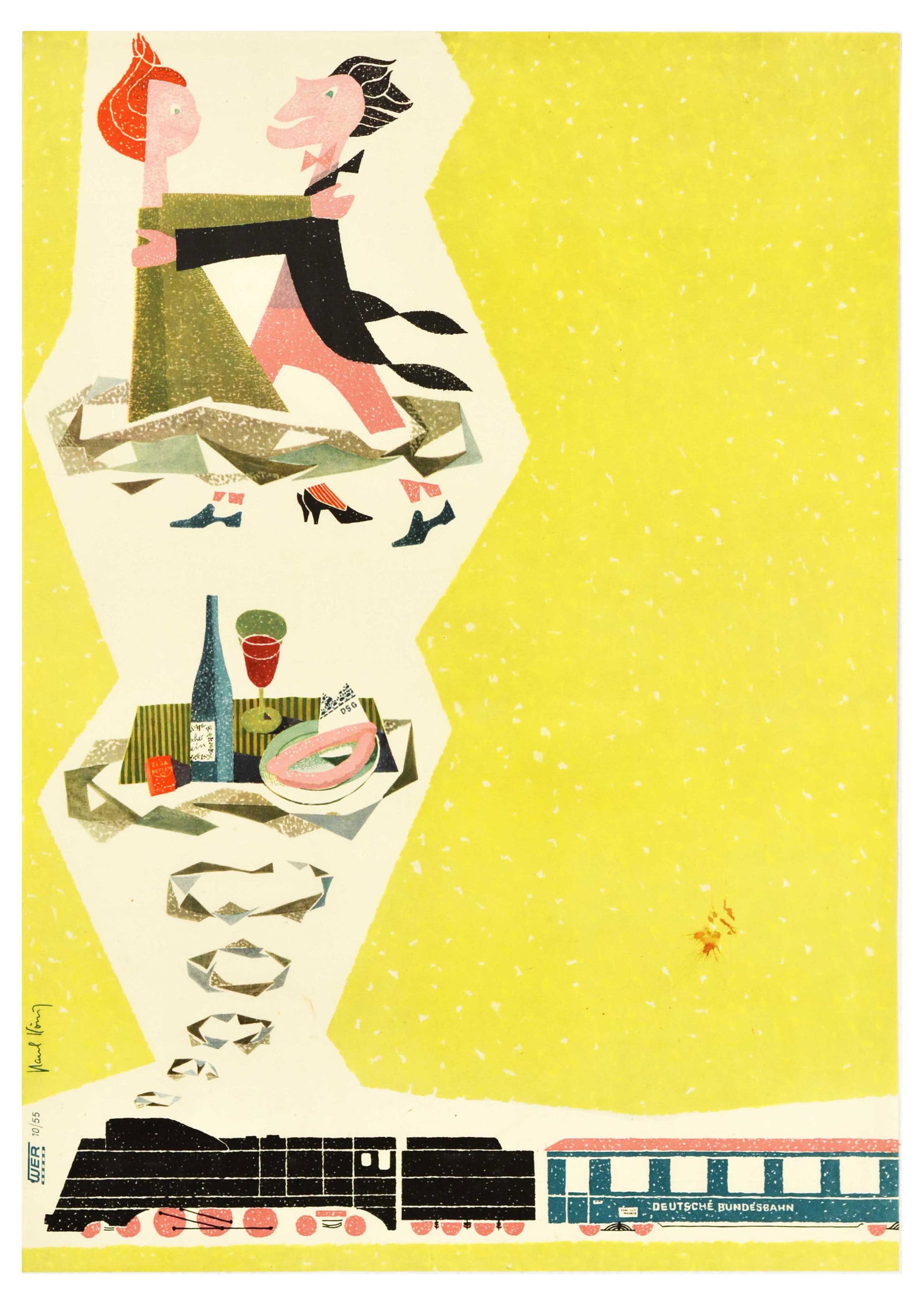 Travel Poster German Railways Midcentury Modern DB Deutsche Bundesbahn: Original vintage travel advertising poster issued by DB Deutsche Bundesbahn railway featuring a colourful and fun illustration of a red-haired lady dancing with a gentleman in a tuxedo with a bottle o