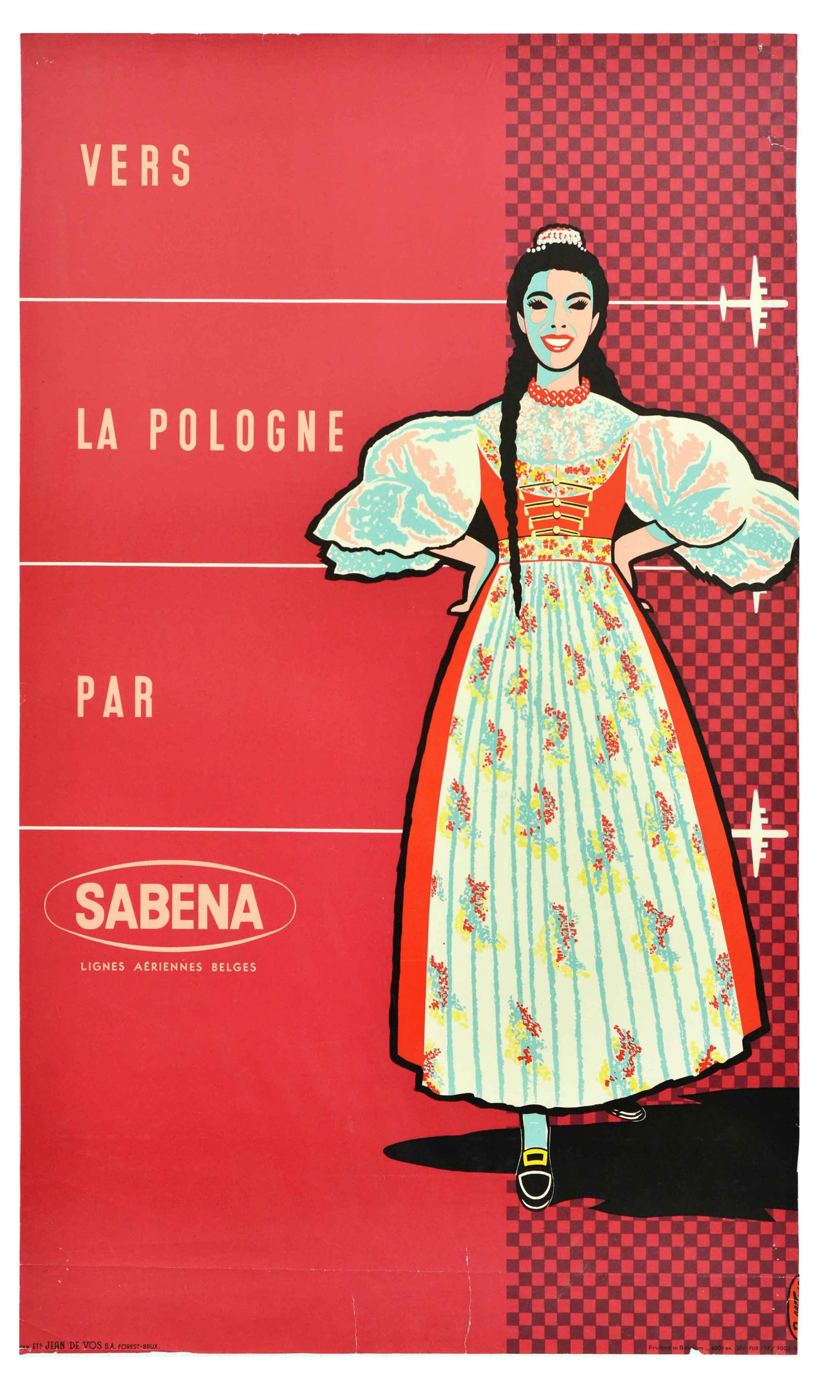 Travel Poster Pologne Poland Sabena Belgian Airlines: Original vintage travel advertising poster – vers la Pologne par Sabena / To Poland by Sabena (the national airline of Belgium from 1923-2001) – featuring a mid-century design showing a smiling la