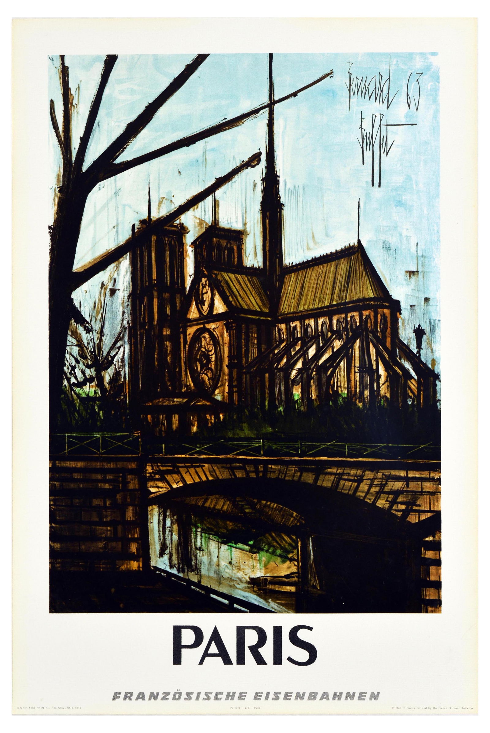 Travel Poster Paris French Railways Notre Dame German: Original vintage travel poster by French Railways promoting tourism to Paris featuring an illustration by a French expressionism painter Bernard Buffet (1928-1999) depicting the historic medieval Notr