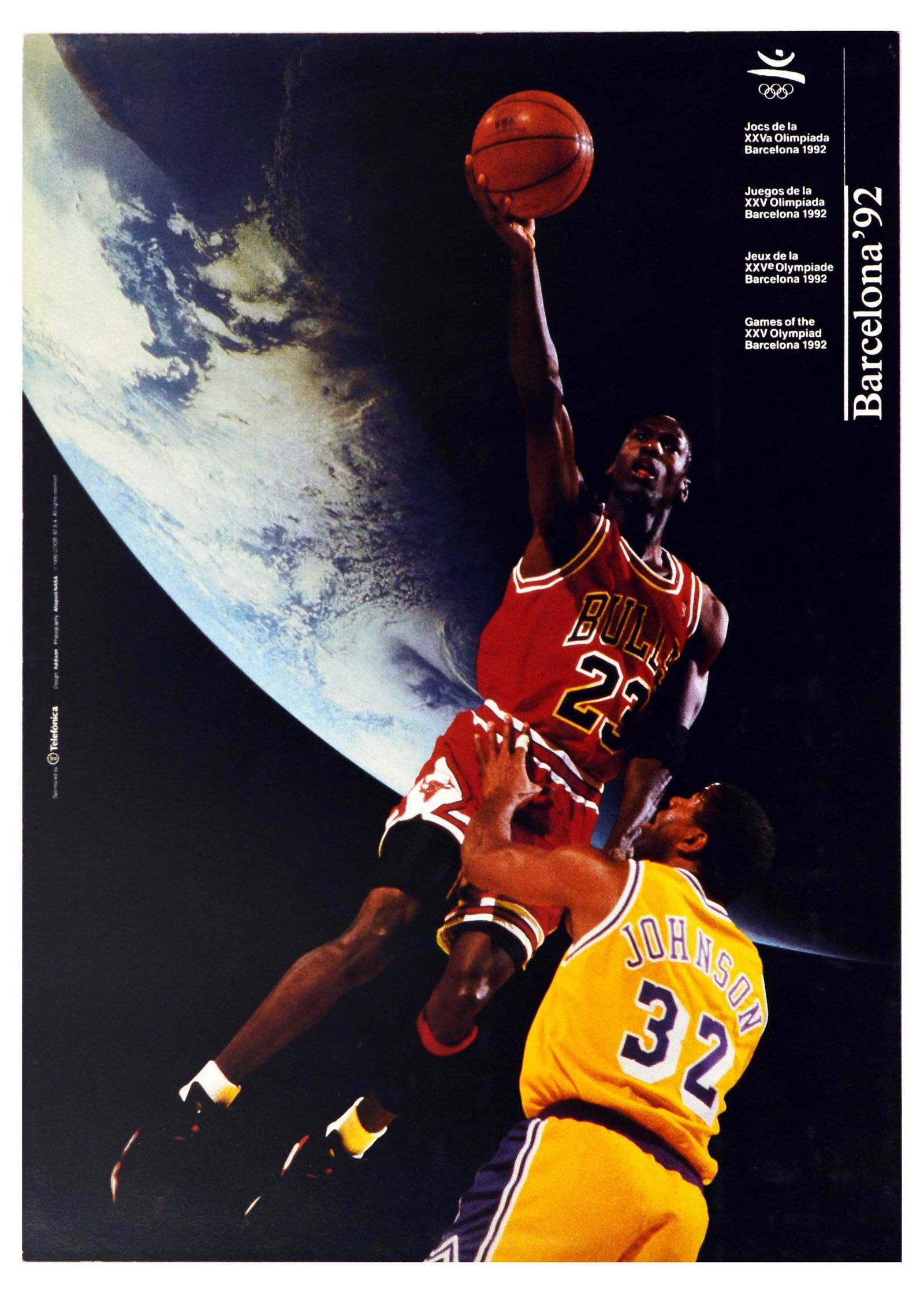 Sport Poster Barcelona Olympics 1992 Basketball Chicago Bulls Michael Jordan: Original vintage sports poster for Barcelona '92 Games of the XXV Olympiad Barcelona 1992 featuring a dynamic photo collage of NBA Dream Team basketball players Michael Jordan and Magic Johnson with a