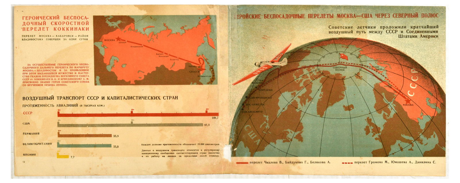 Propaganda Poster USSR To USA Flight Moscow Vladivostok: Original vintage Soviet propaganda poster commemorating the heroic non-stop long-distance flight on the route Moscow-Vladivostok and for the outstanding courage and skill demonstrated in this, by decr