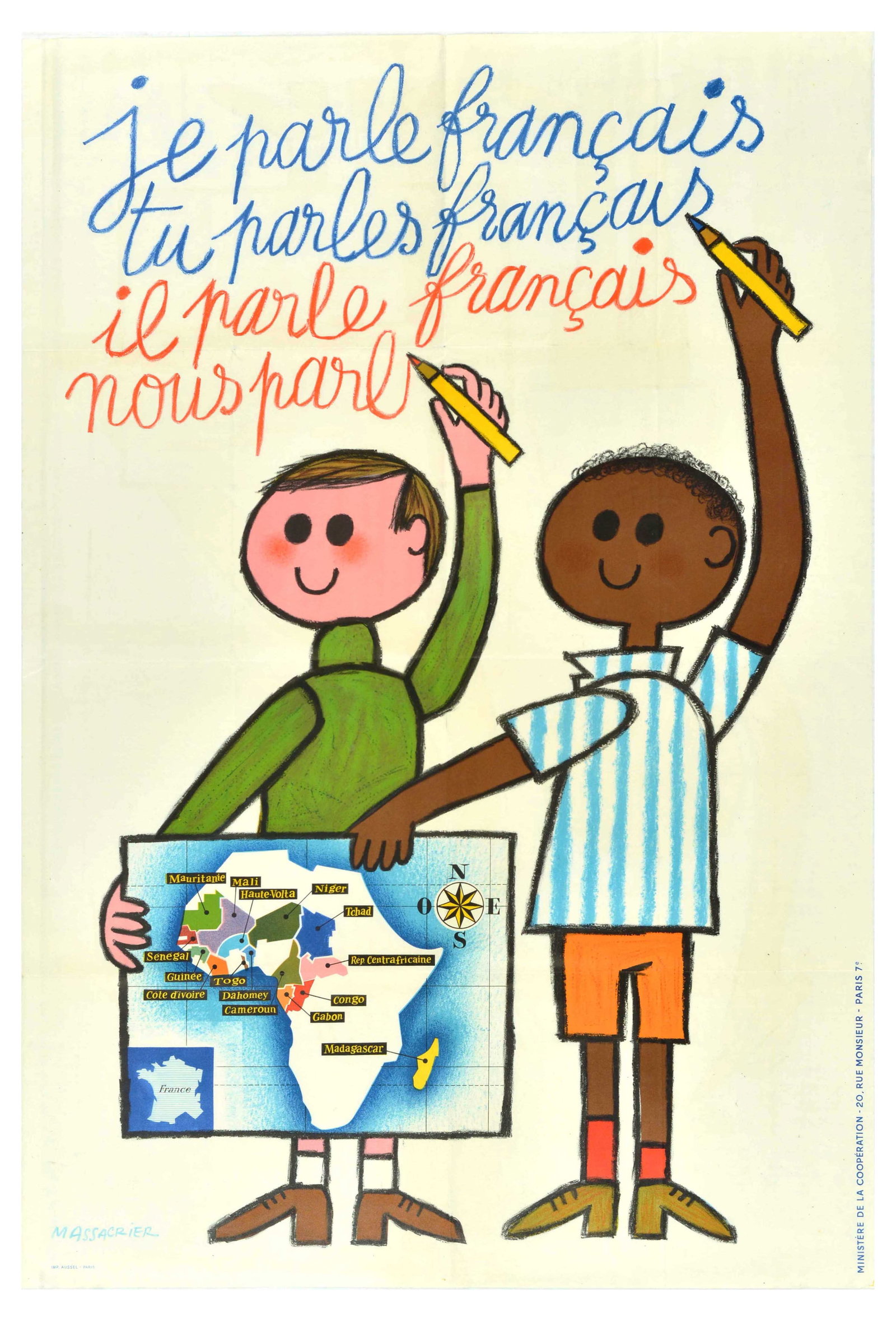 Propaganda Poster Africa Speaks French Je Parle Francais: Original vintage propaganda poster promoting French language learning and speaking in Africa featuring an illustration of two boys holding pencils and writing in blue and red ? I speak French, you spe