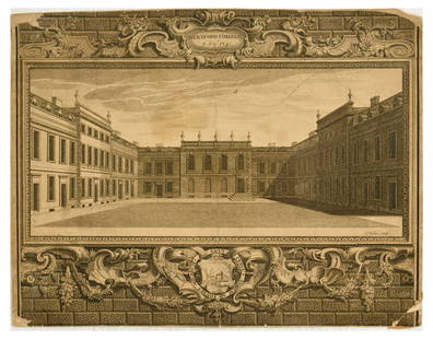Antique Engraving Hertford College Oxford University George Vertue: Original antique engraving by an English engraver and antiquary George Vertue (1684-1756) of Hertford College depicting the college building with an ornate floral frame with the motto Sicut cervus