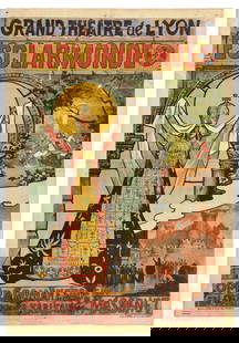 Advertising Poster Esclarmonde Massenet Alfred Choubrac: Original antique advertising poster for Esclarmonde at the Grand Theatre de Lyon, a romantic opera in 4 acts and 8 tableaux by Jules Massenet (1842-1912), featuring an Art Nouveau style illustration