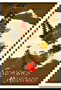 Advertising Poster Colman's Mustard John Hassall Klondike Snow Fire: Original vintage advertising poster for Colmans Mustard featuring a man sitting in the snow with a bindle below a sign marked 'To Klondike' while warming his hands over a Colmans Mustard tin placed