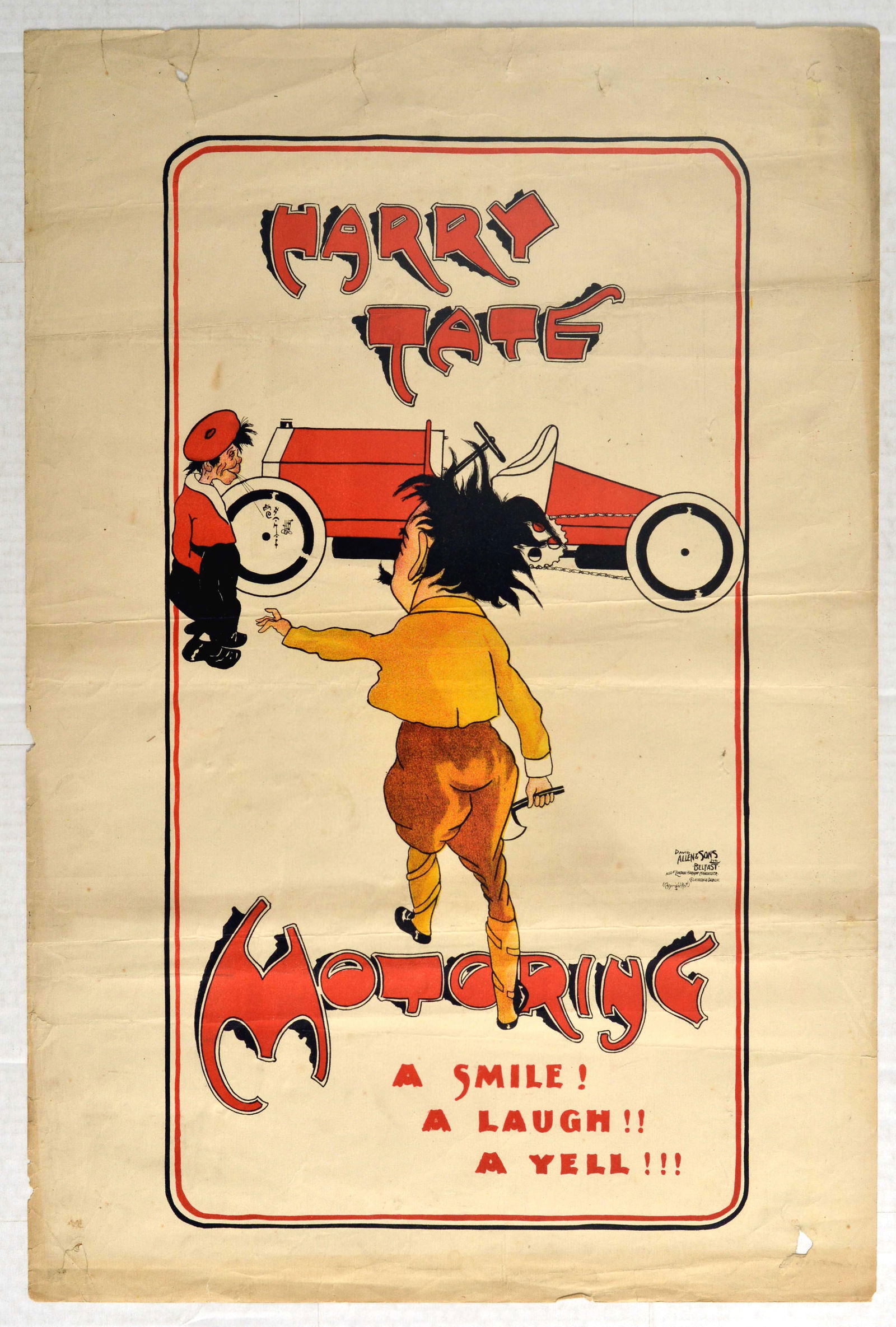 Advertising Poster Harry Tate Comedy Play UK Motoring: Original antique music hall variety performance theatre advertising poster for Harry Tate's (Ronald Hutchison; 1872-1940) highly successful comedy play - Motoring - first introduced in 1902 with the t