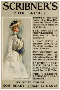 Advertising Poster Scribners Magazine New York USA April Six Short Stories: Original antique magazine advertising poster for the American periodical Scribner's (1887-1939) featuring a colourful illustration by Will Grefe (1875-1957) of a fashionable lady in an Edwardian