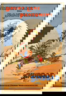 Advertising Poster Sindbad Drury Lane Pantomime Hassall: Original antique theatre poster for a Drury Lane Pantomime show Sindbad written and invented by the playwrights J. Hickory Wood and Arthur Collins. Colourful image by the notable English illustrator,