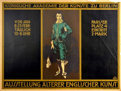 Advertising Poster Early English Art Exhibition Royal Academy Of Arts Berlin: Original antique advertising poster for an Exhibition of Early English Art at the Royal Academy of Arts in Berlin from 26 January to 23 February - Konigliche Akademie der Kunste zu Berlin Ausstellung