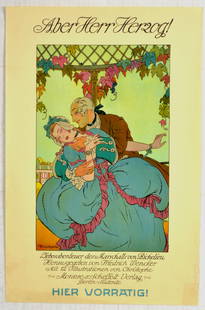 Advertising Poster Erotica Book But Lord Herzog Christophe Morawe: Original antique advertising poster for an erotica book - Aber Herr Herzog! Liebesabenteuer des Marschalls von Richelieu Herausgegeben von Friedrich Wencker Mit 12 Illustrationen von Christophe
