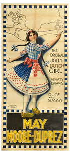 Advertising Poster May Moore Duprez Jolly Dutch Girl Music Hall: Original antique music hall advertising poster for The Original Jolly Dutch Girl May Moore-Duprez, featuring an image of a smiling lady in a traditional Dutch dress and clogs, drawing a girl next to