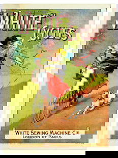 Advertising Poster White Cycles Bicycle Dog Lady Cyclist: Original antique advertising poster for The White Cycles White Sewing Machine Cie London et Paris featuring a great image of a smiling young lady wearing a colourful dress and riding a bicycle with a