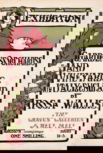 Advertising Poster Garden Orchard Vineyards UK Italy Rosa Wallis Art Exhibition: Original antique art exhibition poster entitled Gardens Orchards And Vineyards In Italy & England by Rosa Wallis (1857-1930) held at The Graves Galleries 6 Pall Mall (1855-1919) in London. Stunning