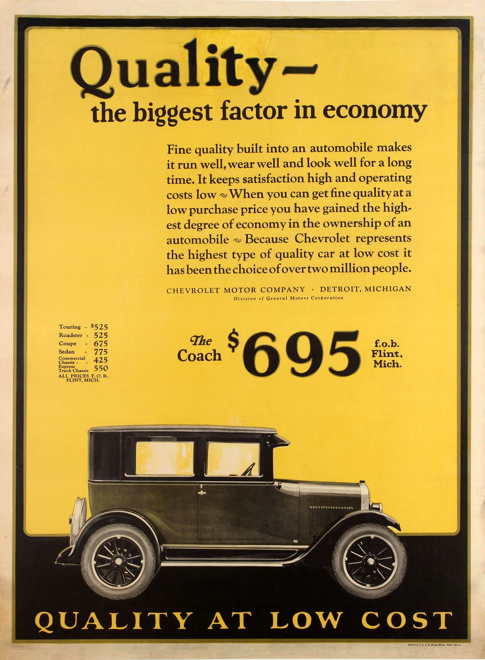 Advertising Poster Chevrolet Quality Automobile Cars: Original vintage car advertising poster for Chevrolet quality automobiles featuring a side view of a Chevrolet classic car - The Coach $695 - against a striking yellow background with the title "Quali
