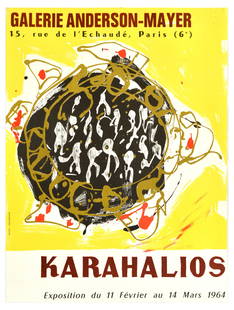 Advertising Poster Constantin Karahalios Abstract Art Exhibition: Original vintage advertising poster for a Greek Postwar & Contemporary painter Constantin Karahalios artwork exhibition at Galerie Anderson-Mayer from 11 February to 14 March 1964, the poster features