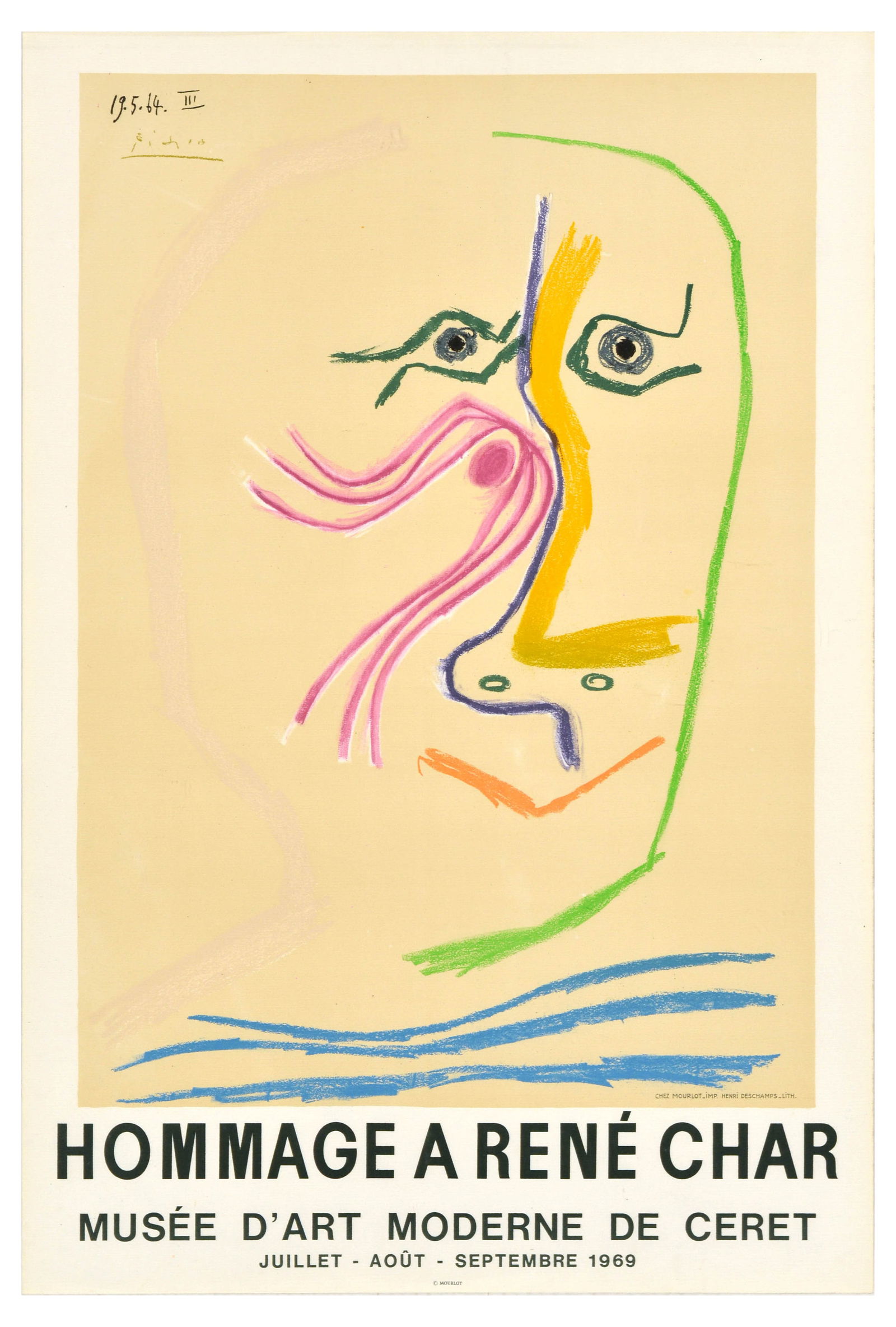 Advertising Poster Hommage A Rene Char Picasso: Original vintage advertising poster for Hommage A Rene Char exhibition at Musee D'Art Moderne De Ceret, which took place from July to September 1969, featuring design by the notable Spanish artist and