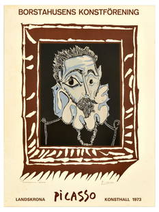 Advertising Poster Picasso L'Homme A La Fraise: Original vintage advertising poster for an art exhibition by the Borstahusens Art Association of Pablo Picasso works at Landskrona Art Gallery featuring an image of the 1963 linocut in colours titled