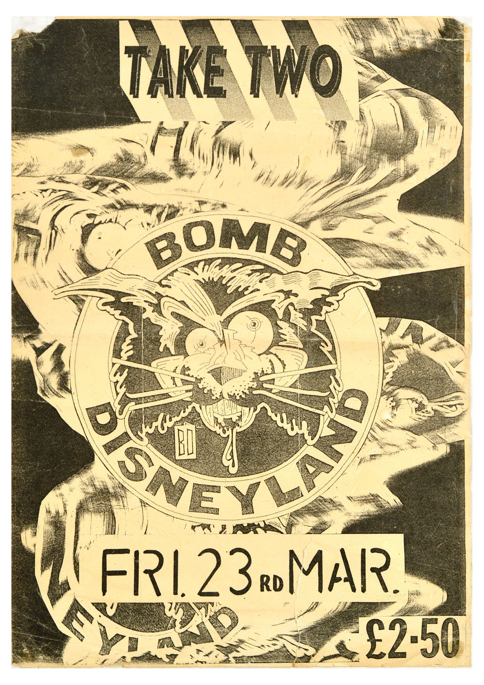 Advertising Poster Bomb Disneyland Take Two: Original vintage music advertising poster for the Bomb Disneyland concert on 23 March, featuring an image of a drooling psycho cat. Bomb Disneyland were a UK Punk Crossover and Thrash Metal band from