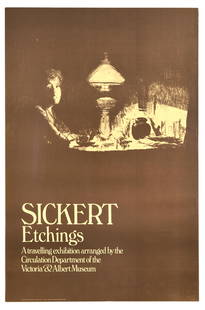 Advertising Poster Sickert Etchings Victoria Albert Museum: Original vintage advertising poster for Sickert Etchings A travelling exhibition arranged by the Circulation Department of the Victoria & Albert Museum, featuring an etching of a person by the table i