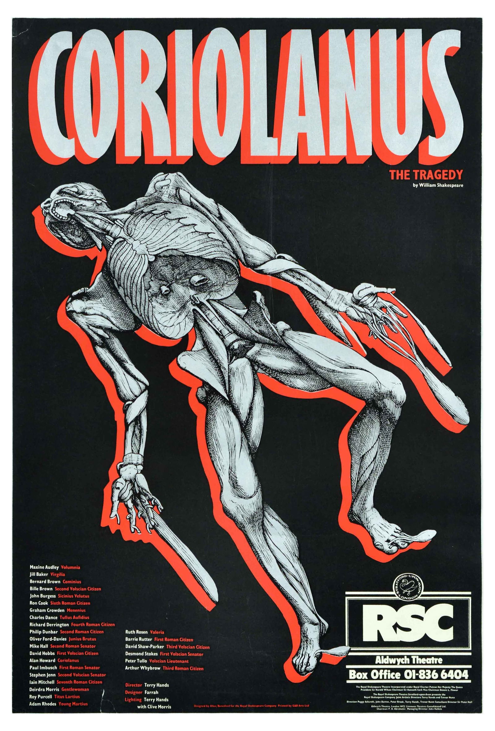 Theatre Poster Coriolanus Royal Shakespeare Company: Original vintage theatre and performance advertising poster. Coriolanus- The Tragedy by William Shakespeare featuring an image of a human skeleton with partial muscle tissue and organs set over red an