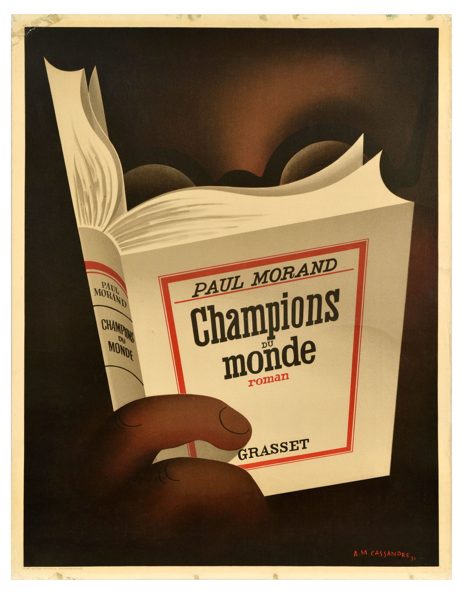 Advertising Poster Cassandre Paul Morand Champions Du Monde Art Deco: Vintage official lithograph re-issue of the 1930 original Art Deco Poster for the publication of Paul Morand's Champions du Monde novel (roman - Grasset). Stunning image of a person wearing glasses re