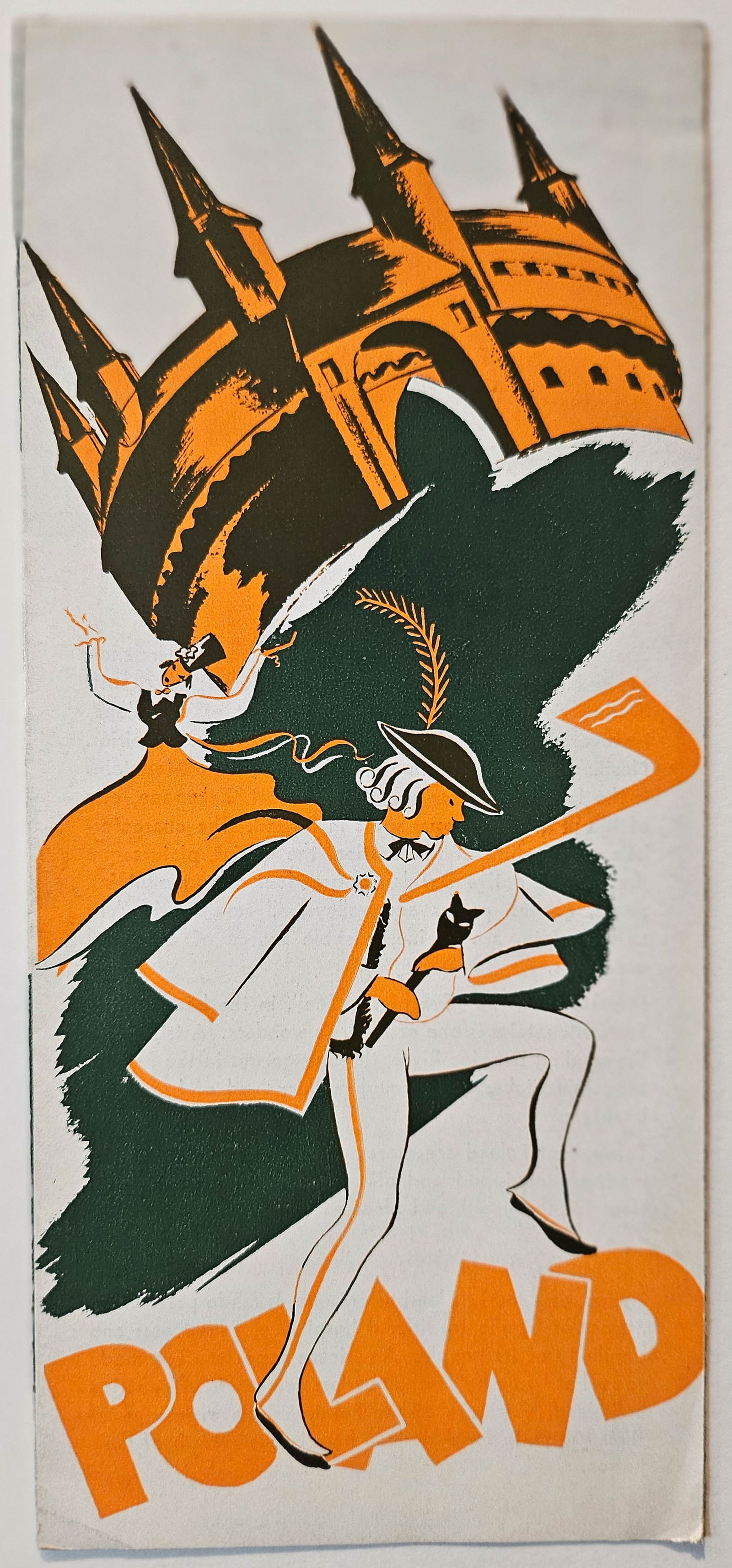 Poland ORBIS Art Deco Travel Brochure: Original vintage travel brochure promoting travel to Poland - The Geographic Centre of Europe - published by The Polish Travel Bureau ORBIS - Cover art features man and lady playing music and dancing