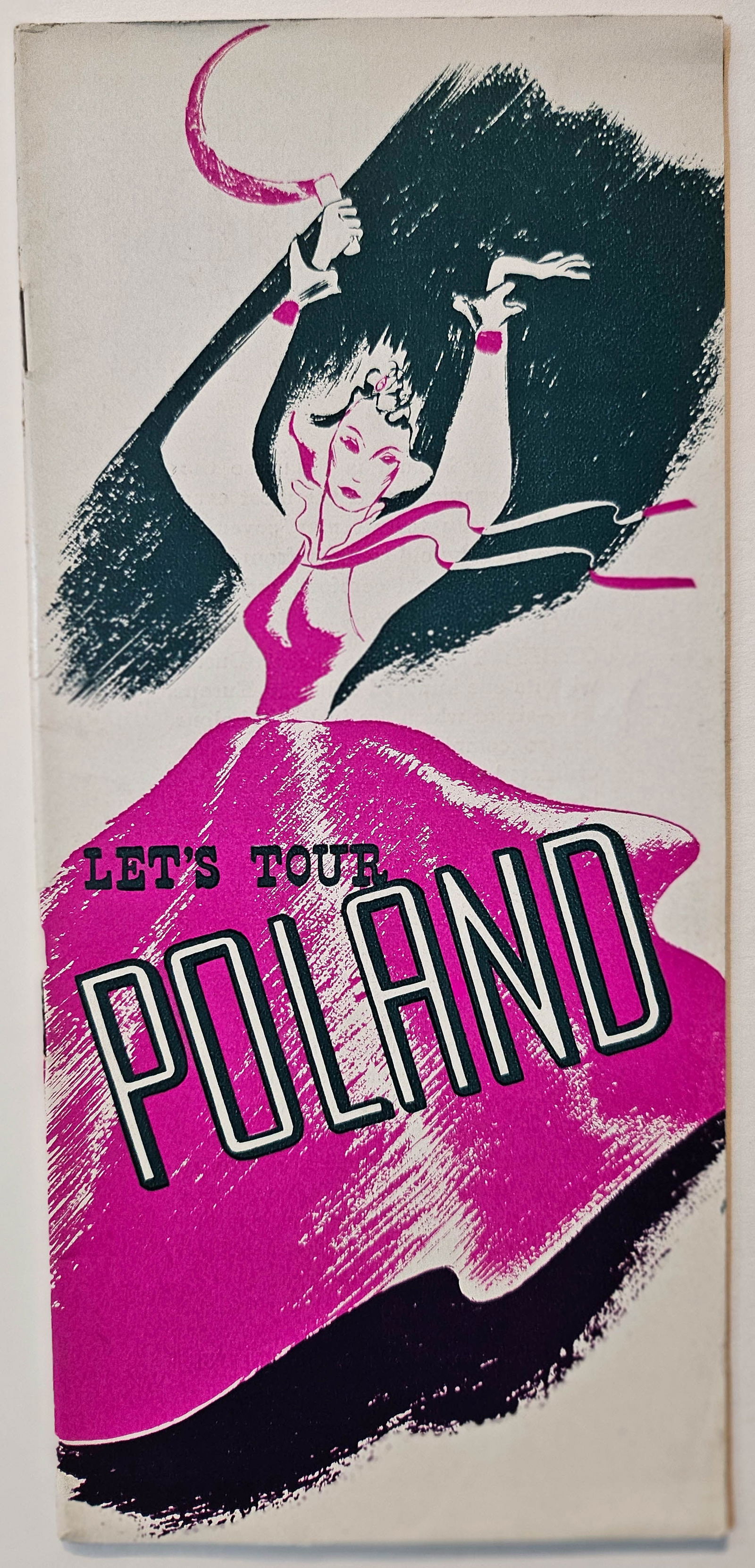 Tour Poland Art Deco Orbis Travel Brochure: Original vintage travel booklet Let's Tour Poland published by Orbis Polish Travel Bureau featuring cover artwork by Joe Richards in pink and green depicting a dancing lady with a sickle in her hands.