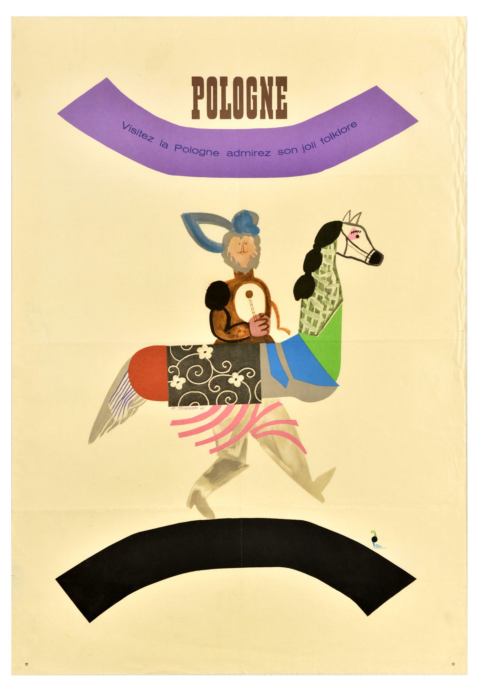 Travel Poster Visit Poland Pologne Folklore Tomaszewski: Original vintage travel poster for Poland Visit Poland and Admire its Pretty Folklore / Visitez la Pologne Admirez son Joli Folklore. Design by Henryk Tomaszewski (1914-2005) features an abstract mixe